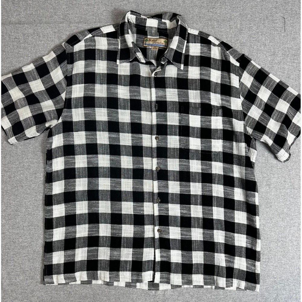 Beyond Paradise Linen Button Up Shirt Mens XL Black White Gingham Plaid Resort